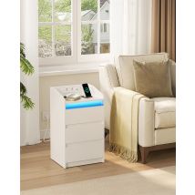 Comodino con 3 cassetti, tavolino con stazione di ricarica e LED, 2 porte CA e 2 USB per camera da letto, soggiorno, bianco