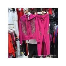 High Street Autumn Women Hoodie Sets Mighty Wings Diamonds Hooded Zip Cardigans Coat + Elastic Waist Wide Leg Straight Pants