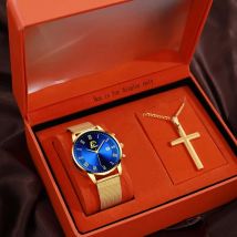 2PCS Set Fashion Mens Calendar Watches Luxury Men Business Golden Mesh Belt Quartz Watch Male Necklace Wristwatch