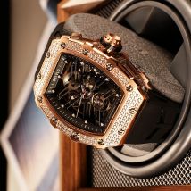 Oblvlo trend stil roségold diamanten lünette analoge mechanische uhr für männer tonneau skelett gummiband sport reloj hombre xm