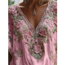 Mode Stereoskopischen Blumen Druck Lose Tops Casual V-ausschnitt Kurzarm T-shirts Sommer Neue Kontrast Farbe Pendeln Dame Bluse