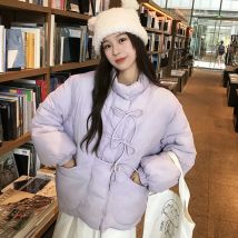 Winter-Schleife-Schnürjacken für Damen, 2024, O-Ausschnitt, leicht, langärmelig, lockerer, mit Baumwolle gefütterter Mantel, elegante Mode, Damen-Parkas