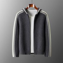 Neue Produkteinführung: Herren-Strickpullover mit Kapuze, dick, 100 % Merinowolle, Herren-Strickjacke mit Reißverschluss, lässig, locker gestreift, warme Kleidung