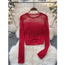 6-Farben-T-Shirts für Damen, abgeschnittene Pailletten, schlank, durchsichtig, solide, Frühling, Sommer, sexy Stil, bequem, O-Ausschnitt, Clubwear, europäisch