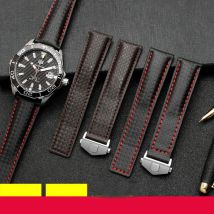 Carbon fiber texture genuine leather bottom watchband For TAG wristband men's black with red line strap 20mm with folding buckle
