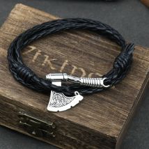 Herren-Axt-Wikinger-Armband, irischer Knoten, Beil, handgefertigt, geflochtenes mehrschichtiges Leder-Piraten-Armband für männliche Handschmuck