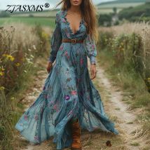 Ethnische Mode Blumen druck Vintage Kleid für Frauen sexy V-Ausschnitt elastische Taille langes Kleid Frühling Herbst Langarm Boho Maxi kleid