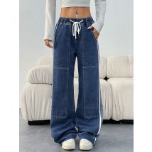 Damen-Jeans im lässigen Stil mit lockerer Passform, Kordelzug an der Taille und schrägen Taschen, Farbblock-Patchwork-Denim, maschinenwaschbar