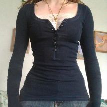 Mode Damen Crop Top Langarm Tops Herbst Vintage lässig Spitze Patchwork Knopf Pullover Shirt Club Y2k Streetwear