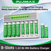 PUJIMAX Display LCD a 8 slot Caricabatteria intelligente veloce Tipo-C Ricarica per caricabatteria ricaricabile Ni-MH Ni-CD AA AAA da 1,2 V