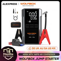 WOLFBOX 4000A Rozrusznik Samochodowy z Kompresorem Powietrza 160PSI, Booster Akumulatora Samochodowego 12V, Szybkie Ładowanie 65W, Przenośny Inflator Opon 24000mAh