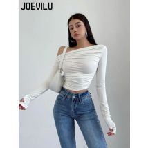 Joevilu plissiert eine Schulter Langarm T-Shirt Frauen dünne weiße Bottom Crop Tops Mädchen Frühling und Sommer koreanische sexy T-Shirt