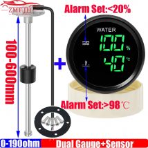 52 mm Doppelanzeige + Wassertemperatursensor + Wasserstandssensor 0–190 Ohm Digitale Wassertankanzeige/Wassertemperaturmessgerät mit Alarm Custom