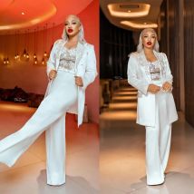 Weiße Frauen Anzüge Perlen Peaked Label Blazer mit Hosen 2 Stück Mutter der Braut Kleid plus Größe Promi Lady Party Smoking