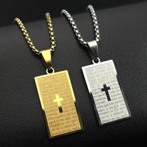Rectangle Spanish Lord's Prayer Bible Jesus Cross Chain Necklace for Women Men Gold Color Stainless Steel Christian Jewelry Gift