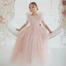 Customized Pink Tulle Flower Girl Dress For Wedding Elegant Applqique Puffy Princess Kids Birthday First Communion Ball Gown