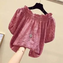 Rose Red lässig Slash Neck Puffärmel Chiffon Pullover Damen Bluse Shirt Damen Kleidung Tops Mode kurze Blusen 2024
