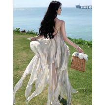 Beige Druck sexy Club unregelmäßig langes Kleid für Frauen V-Ausschnitt ärmellose rücken freie Rüschen Kleider 2024 Sommerfest Roben Bohemian