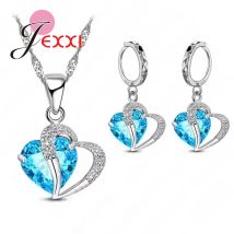 100 % echtes 925er-Sterlingsilber-Schmuckset, glänzender kubischer Zirkon, Herz-Anhänger, Halskette, Brisur-Ohrringe für Frauen, Geschenk