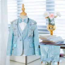 Hochwertiger Kinder-Smoking mit individuellem Logo, Slim Fit, 5-teiliger Anzug für Jungen, Hochzeitsanzug A3742