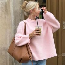 Talenza Herbst Strickpullover Damen Rosa O-Ausschnitt Lose Lässige Langarmpullover Pendeln Damen Pullover Jacke Pullover