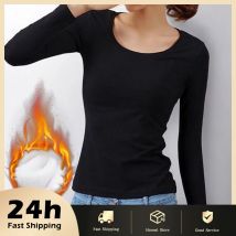 O Neck Long Sleeve Shirt Women Bottoming Cropped Tops Black Casual Slim Basic Velvet Heating Fiber Thermal T-Shirts 2025
