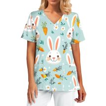 Uniformen Frauen Medizinische Osterhase Cartoon Print Geburtshilfe Pflege Tops V-ausschnitt Kurzarm T-shirts Pet Medizinische Peelings Für Frauen