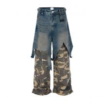 Vintage zerrissene gefälschte zweiteilige Patchwork-Camouflage-Cargohose für Herren, Distressed Baggy-Jeans, weites Bein, lockere Denim-Hose