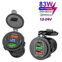 Nowa ładowarka samochodowa USB z 3/4 portami, podwójnym PD i podwójnym QC 3.0, z woltomierzem, gniazdo zasilania, wodoodporny adapter do samochodu/łodzi 12V/24V