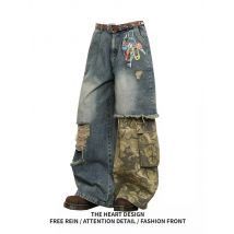 Street Vintage Jeans Neue Y2K Harajuku Wash Patchwork Camouflage Baggy Jeans Denim Hosen Herren Damen Hohe Taille Breite Hosen