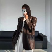 Damen Mode Schwarz PU Leder Anzug Jacke Frühling und Herbst Neue Hochwertige Textur Einfarbig Lose Kleine Anzug Leder Frau