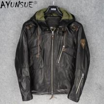 AYUNSUE Männer Kleidung Herbst Mantel Männlichen 5XL Mit Kapuze Kleidung Real Schaffell Leder Jacke männer Windjacke Hommes Veste LXR511