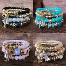 4 sztuk zestaw koreański Boho Multicolor kryształowe koraliki liny bransoletki dla kobiet dziewczynki etniczne serce urok Wrap bransoletka Pulseira Feminina