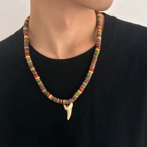 KunJoe Vintage-Halskette mit braunen Holzperlen für Herren, Punk-Haifischzahn-Anhänger-Halskette, 2023, modischer männlicher Halsschmuck