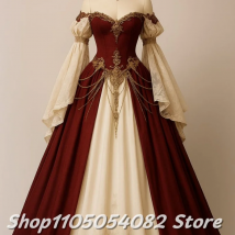 Maßgeschneidertes viktorianisches Vintage-Abschlussballkleid mit Druckknopfschulter und Glockenärmeln, V-Ausschnitt und goldfarbenen Perlen