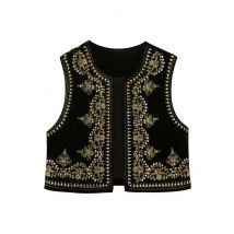Women Black Vintage Floral Pattern Embroidered Vest Sleeveless Open Front Versatile Short Gilet Outerwear y2k Boho Cardigan Crop