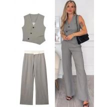 HH Frauen Feste Hosen Anzug Asymmetrische Ärmellose Einreiher Weste Top + Hohe Taille Lose Hosen Mode Streetwear
