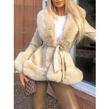 Frauen Leder Strickjacke Jacke Casual Kontrast Farbe Pelz Kragen Thermische Strickjacke Gürtel Oberbekleidung Streetwear Oberbekleidung Tops