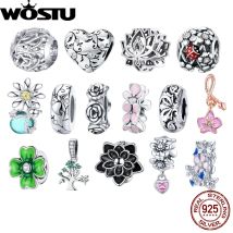 WOSTU Tree Of Life Silver Charms 925 Sterling Silver Flower Beads Enamel Pendant Jewelry Women Bracelet Necklace Fine Jewelry