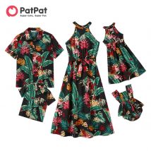 Patpat Familie passende Outfits Allover Pflanze Blumen druck Neck holder Kleider und Kurzarm hemden Familie Looks Sets