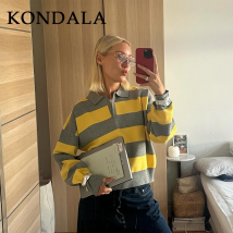 KONDALA 2026 Frühling Sommer Gestreiftes Strick-Damenhemd Mode Lässiger Pullover mit Umlegekragen Halloween Damen Schicke POLO-Shirts