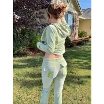 Solid Color Long Sleeve Hooded Hoodie Women Suit Autumn New Fashion Zipper Cardigan Casual Pocket Pants Sports Suit 2sets Female