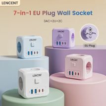 LENCENT Prolunga presa a muro con presa EU 7 in 1 con prese 3AC + 2 USB-A + 2 prese USB-C adattatore interruttore on/off per la casa