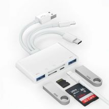 5-in-1 USB OTG adapter with microSD and SD card slots, supports SD/microSD/SDHC/SDXC/MMC iPhone/iPad, USB C and USB A devices.