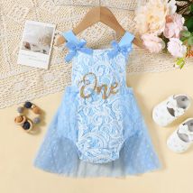0–24 Monate süßer Baby-Overall für Mädchen, blaue Schleife, Spitze, Chiffon, modischer Body, Sommer-Krabbelanzug für Babys