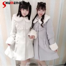 Japanische Dame Pelz kragen Pelz Ärmel Mäntel Frauen Herbst und Winter schlanke Rücken Taille Schnürung Langarm mittellangen Woll mantel