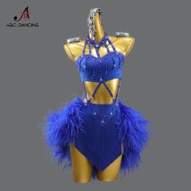 Costume da ballo blu per ragazza Abiti latini Vestito da competizione Gonna di piume da donna Stage Sport Dancewear Vestito da festa sexy Personalizza