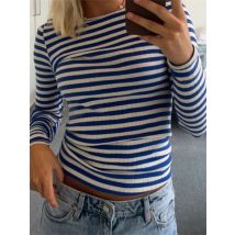 Chronstyle Frauen gestrickt T-Shirts gestreiften Druck Kontrast farbe Slim Fit Langarm Rundhals ausschnitt lässig Top T-Shirts Hemden Streetwear