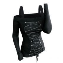 Dressfo New Women's Top Solid Color Cold Shoulder Lace-up Front Ribbed Fashion T-shirt
