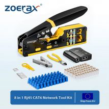 ZoeRax 8 in 1 RJ45 Cat6 Cat5e Kit di strumenti a crimpare, strumento di crimpatura, tester per cavi, taglierina per cavi, lame, 50 connettori e stivali Cat6